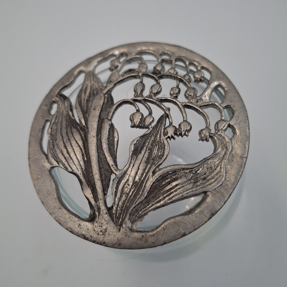 Vintage Small Pewter & Glass Flower Frog Lily of the Valley Potpourri Jar 2.5"